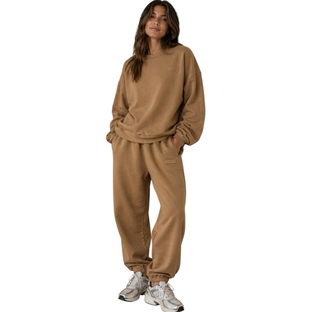SET ACTIVE Midweight Matching Sweat Set Joggers & Crewneck Cotton Brown M